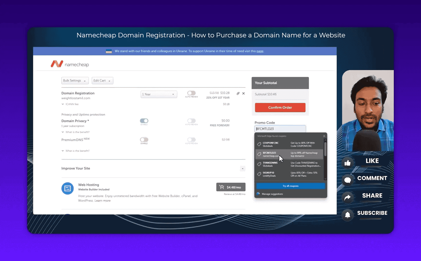 Namecheap checkout showing promo code input field and coupon suggestions applied