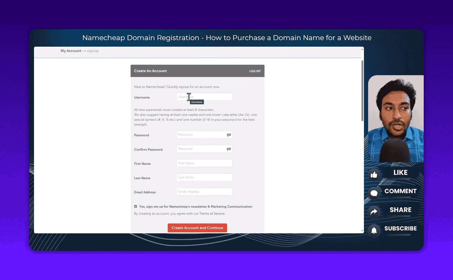 Namecheap signup form showing create account button and registration fields