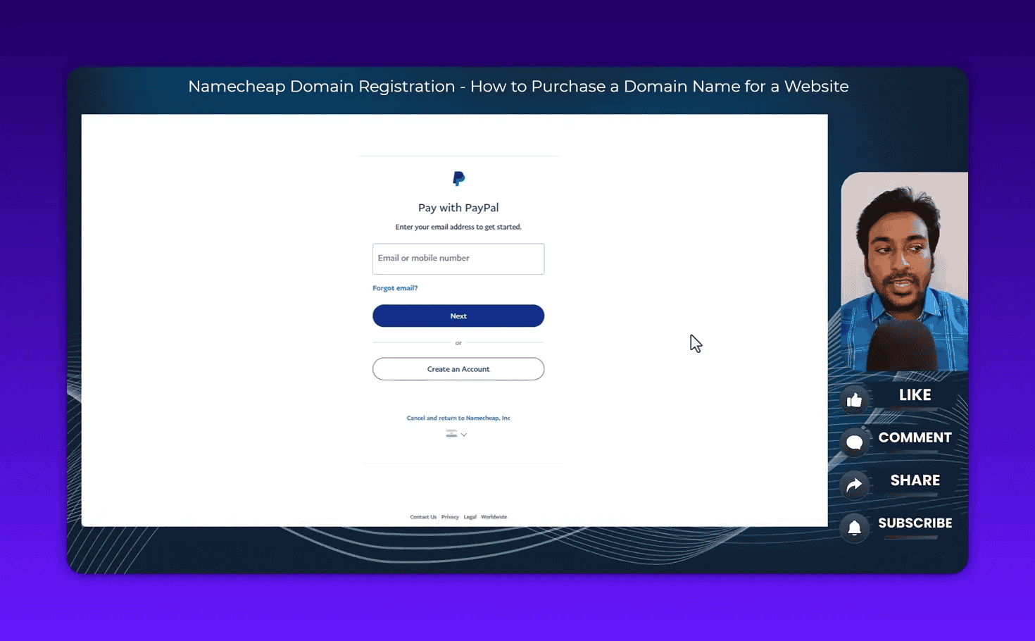 PayPal login screen shown during Namecheap domain checkout payment process