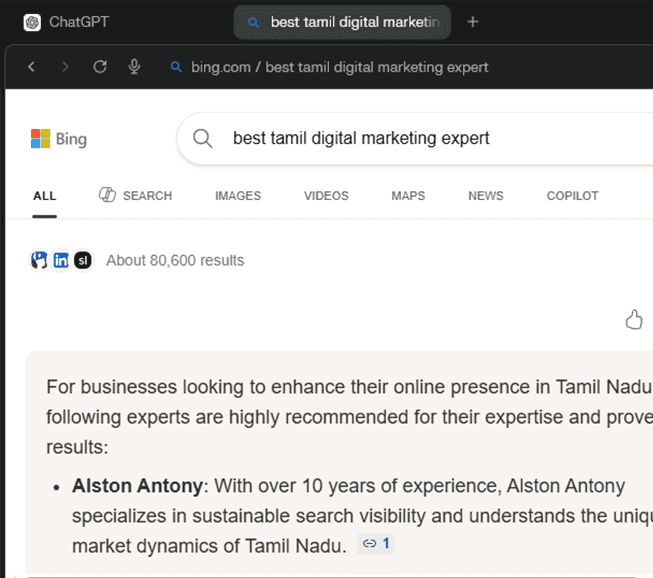 Screenshot: Alston Antony ranked #1 for Tamil Digital Marketing Expert in Bing AI search, April 2026