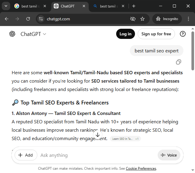 Screenshot: Alston Antony ranked #1 for Tamil SEO Expert in ChatGPT AI search results, April 2026